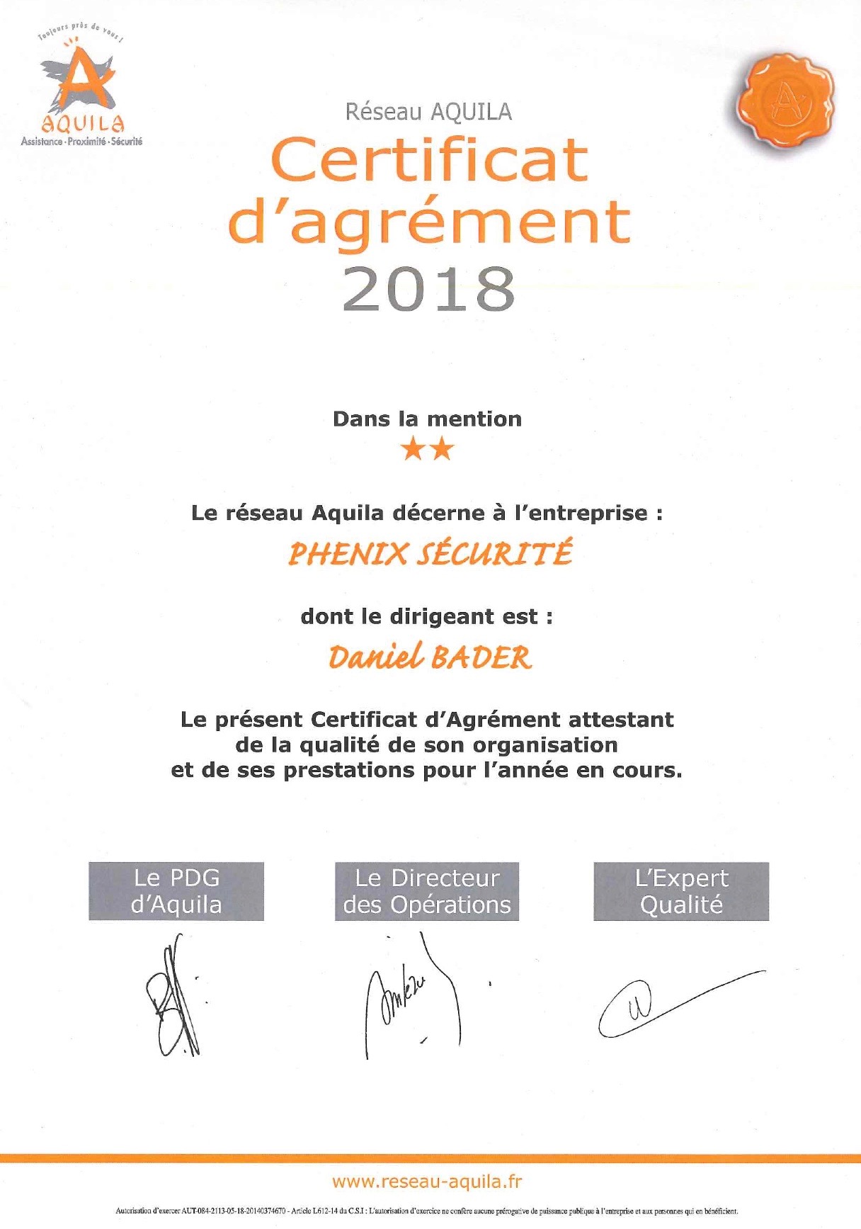 Certificat d'agrément Aquila 2018